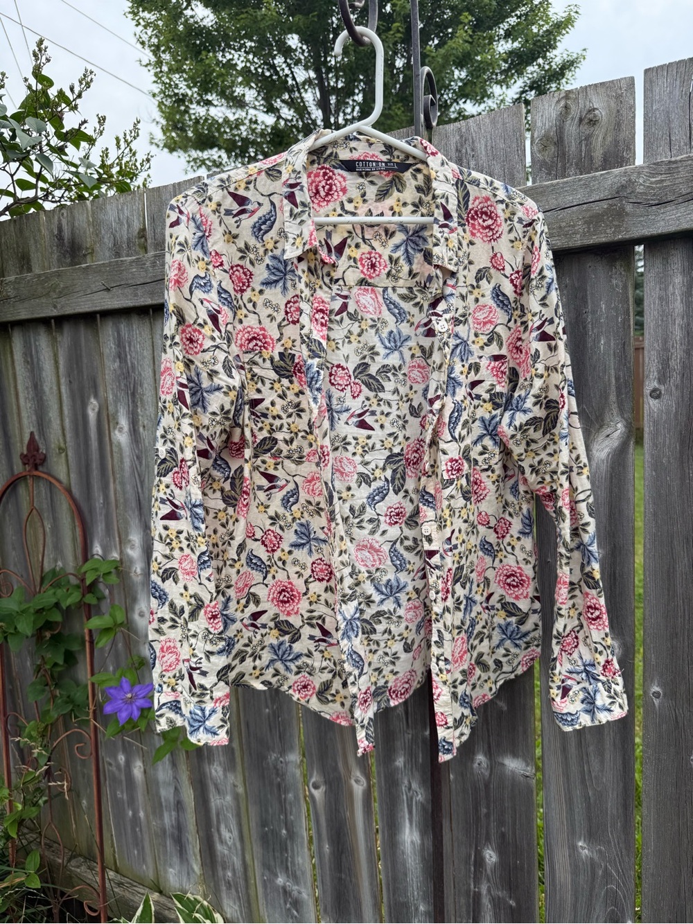 Cotton On Cream Floral Button-Up with Pink & Blue Accents